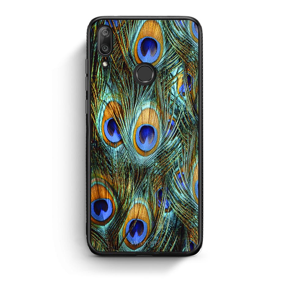 Huawei Y7 2019 Real Peacock Feathers θήκη από τη Smartfits με σχέδιο στο πίσω μέρος και μαύρο περίβλημα | Smartphone case with colorful back and black bezels by Smartfits