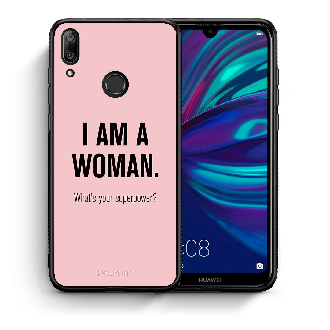 Θήκη Huawei Y7 2019 Superpower Woman από τη Smartfits με σχέδιο στο πίσω μέρος και μαύρο περίβλημα | Huawei Y7 2019 Superpower Woman case with colorful back and black bezels