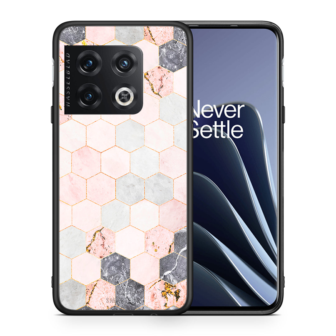 Θήκη OnePlus 10 Pro Hexagon Pink Marble από τη Smartfits με σχέδιο στο πίσω μέρος και μαύρο περίβλημα | OnePlus 10 Pro Hexagon Pink Marble case with colorful back and black bezels