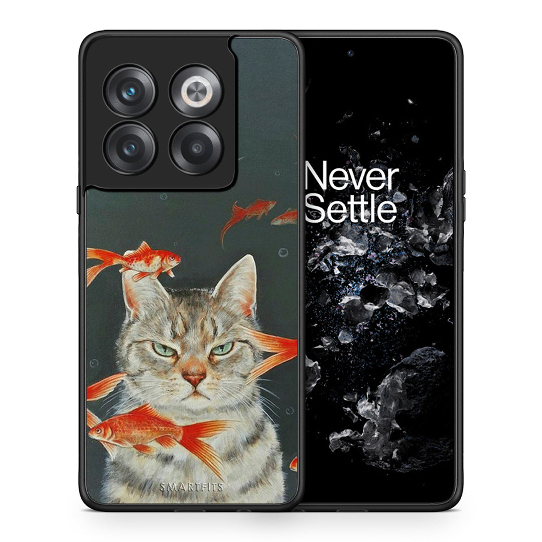 Θήκη OnePlus 10T Cat Goldfish από τη Smartfits με σχέδιο στο πίσω μέρος και μαύρο περίβλημα | OnePlus 10T Cat Goldfish case with colorful back and black bezels