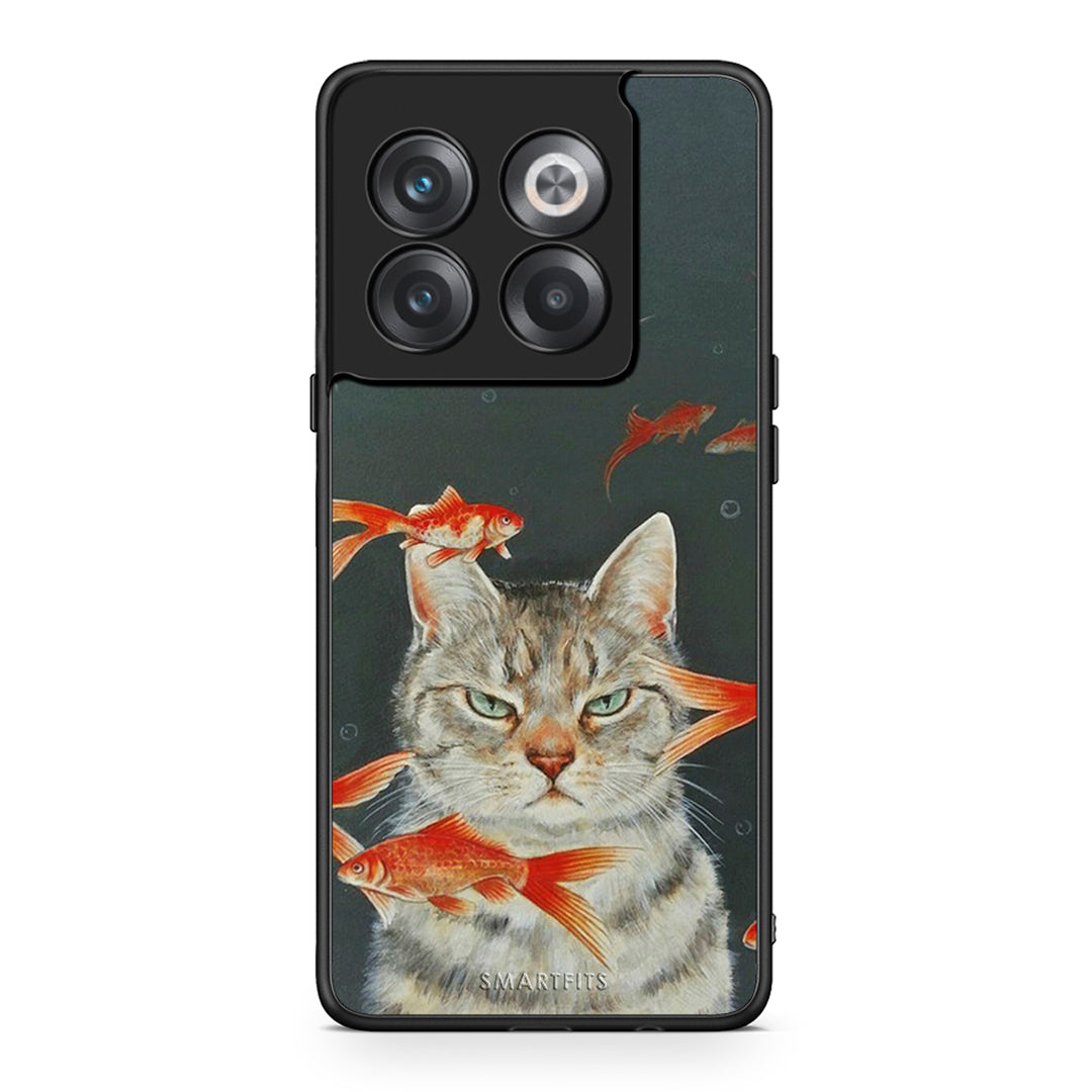 OnePlus 10T Cat Goldfish θήκη από τη Smartfits με σχέδιο στο πίσω μέρος και μαύρο περίβλημα | Smartphone case with colorful back and black bezels by Smartfits