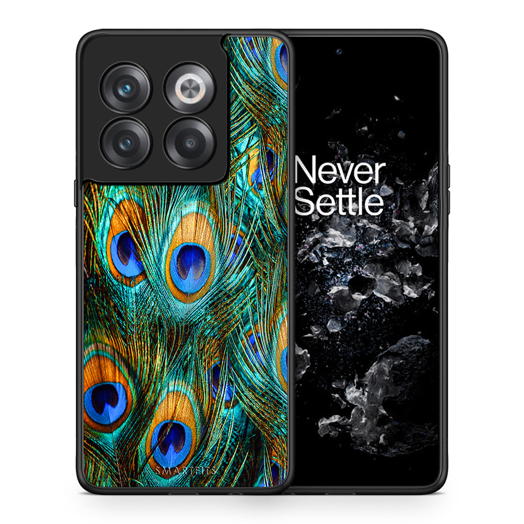 Θήκη OnePlus 10T Real Peacock Feathers από τη Smartfits με σχέδιο στο πίσω μέρος και μαύρο περίβλημα | OnePlus 10T Real Peacock Feathers case with colorful back and black bezels