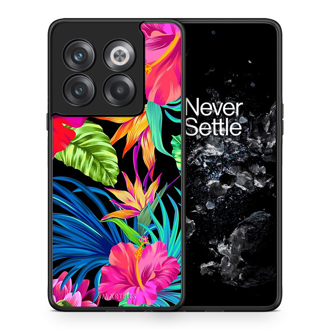 Θήκη OnePlus 10T Tropical Flowers από τη Smartfits με σχέδιο στο πίσω μέρος και μαύρο περίβλημα | OnePlus 10T Tropical Flowers case with colorful back and black bezels