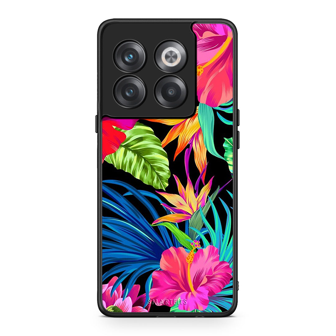 OnePlus 10T Tropical Flowers θήκη από τη Smartfits με σχέδιο στο πίσω μέρος και μαύρο περίβλημα | Smartphone case with colorful back and black bezels by Smartfits