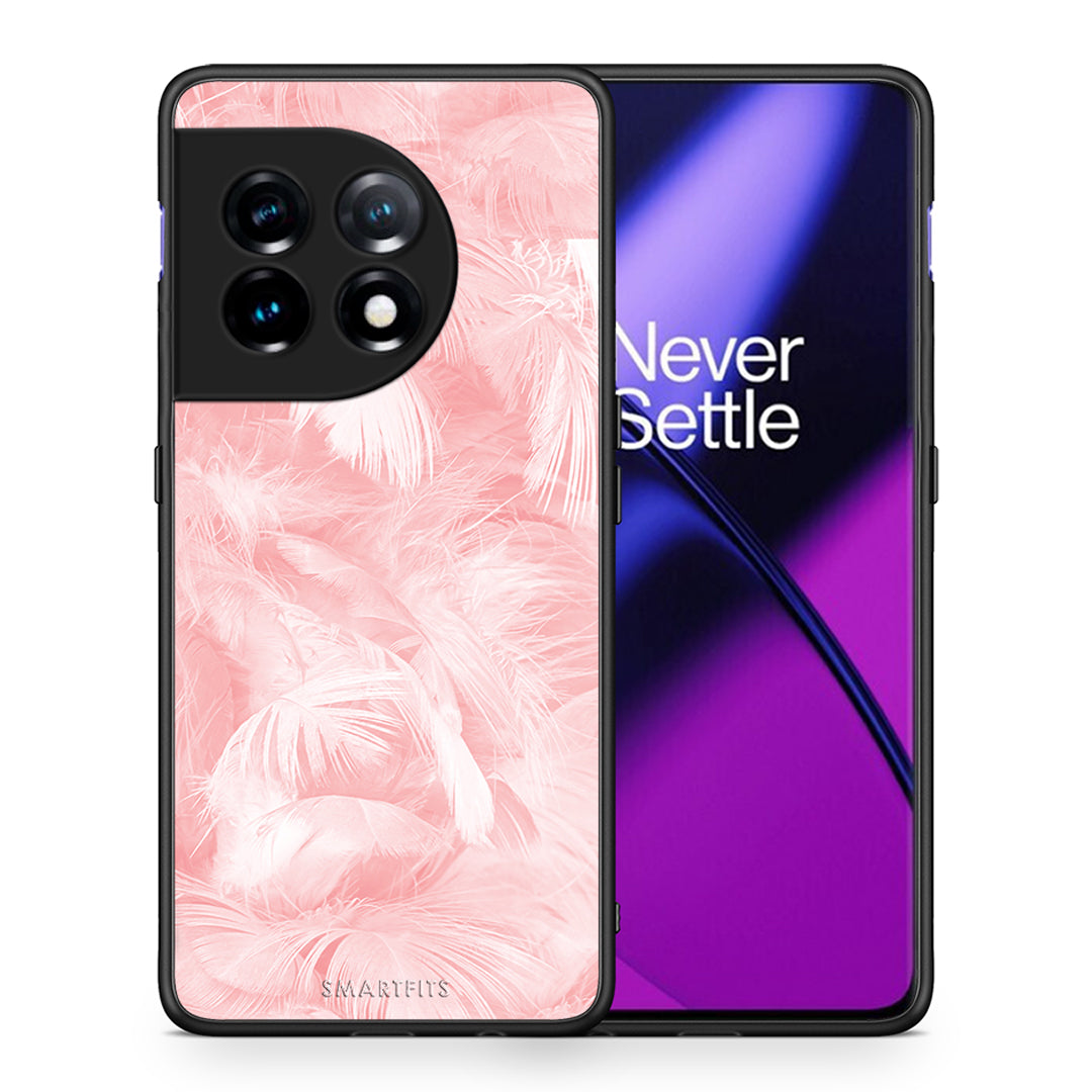 Θήκη OnePlus 11 5G Boho Pink Feather από τη Smartfits με σχέδιο στο πίσω μέρος και μαύρο περίβλημα | OnePlus 11 5G Boho Pink Feather Case with Colorful Back and Black Bezels