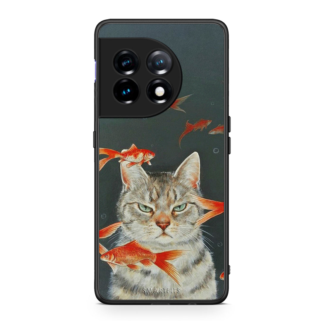 Θήκη OnePlus 11 5G Cat Goldfish από τη Smartfits με σχέδιο στο πίσω μέρος και μαύρο περίβλημα | OnePlus 11 5G Cat Goldfish Case with Colorful Back and Black Bezels