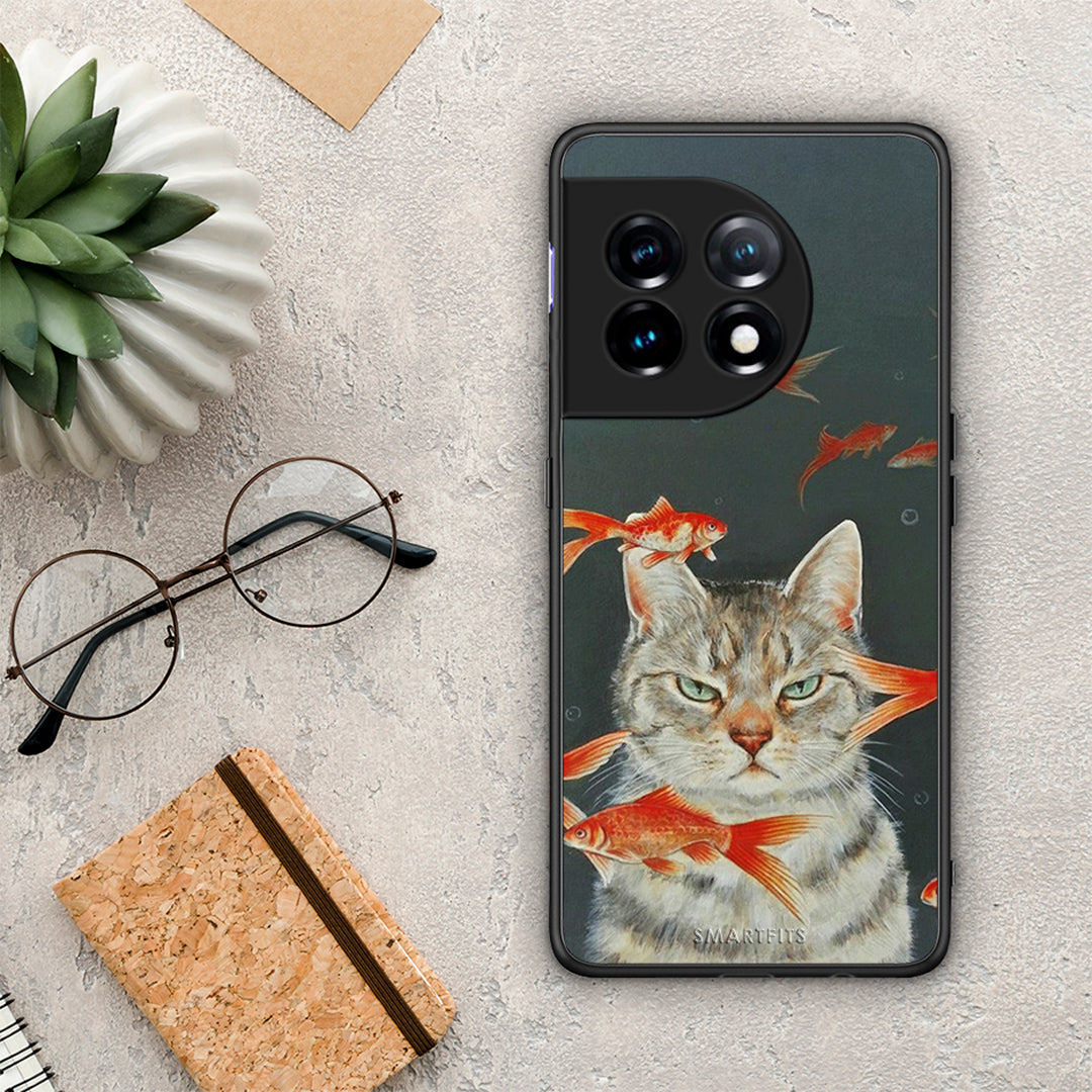 Θήκη OnePlus 11R / ACE 2 5G Cat Goldfish από τη Smartfits με σχέδιο στο πίσω μέρος και μαύρο περίβλημα | OnePlus 11R / ACE 2 5G Cat Goldfish Case with Colorful Back and Black Bezels