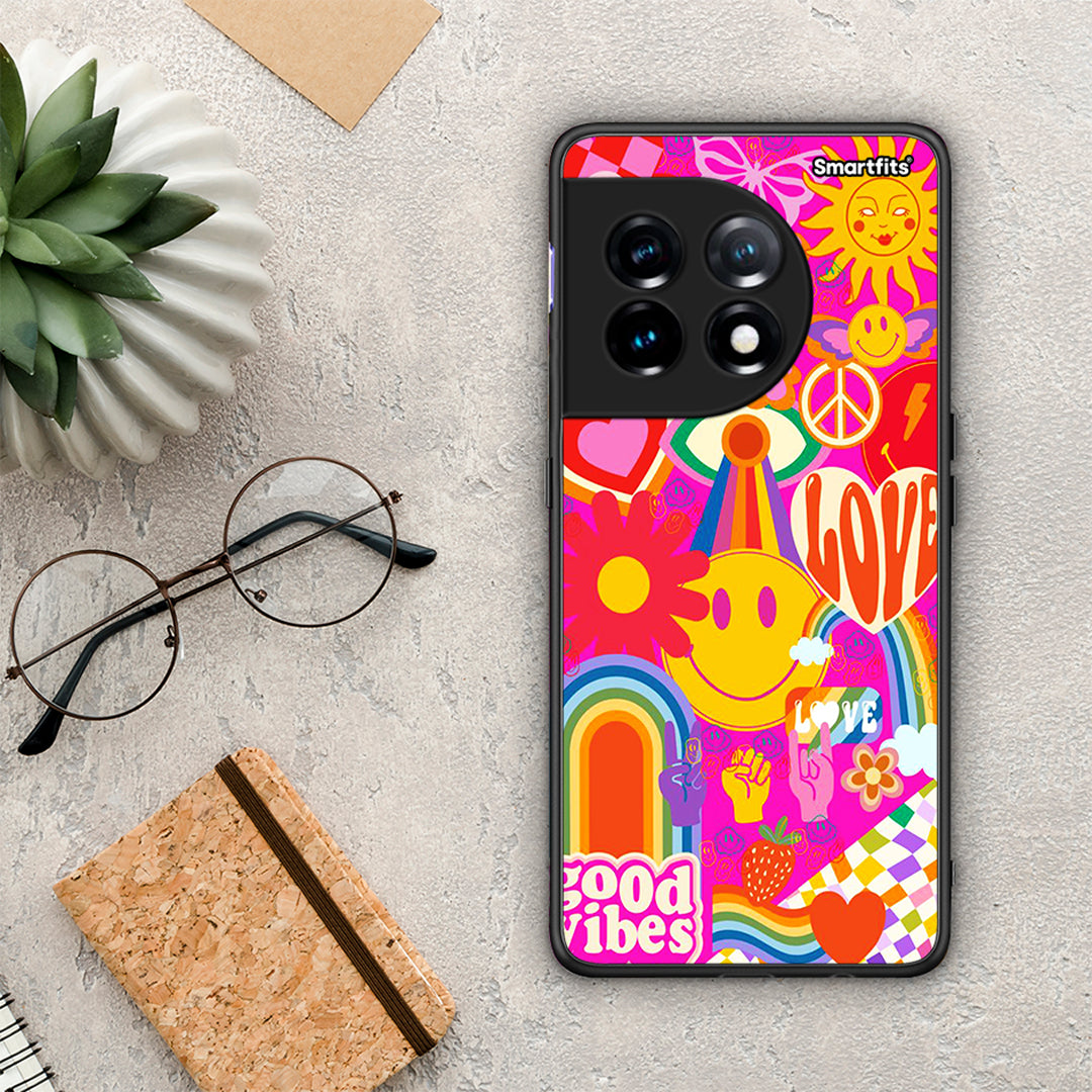 Θήκη OnePlus 11 5G Hippie Love από τη Smartfits με σχέδιο στο πίσω μέρος και μαύρο περίβλημα | OnePlus 11 5G Hippie Love Case with Colorful Back and Black Bezels