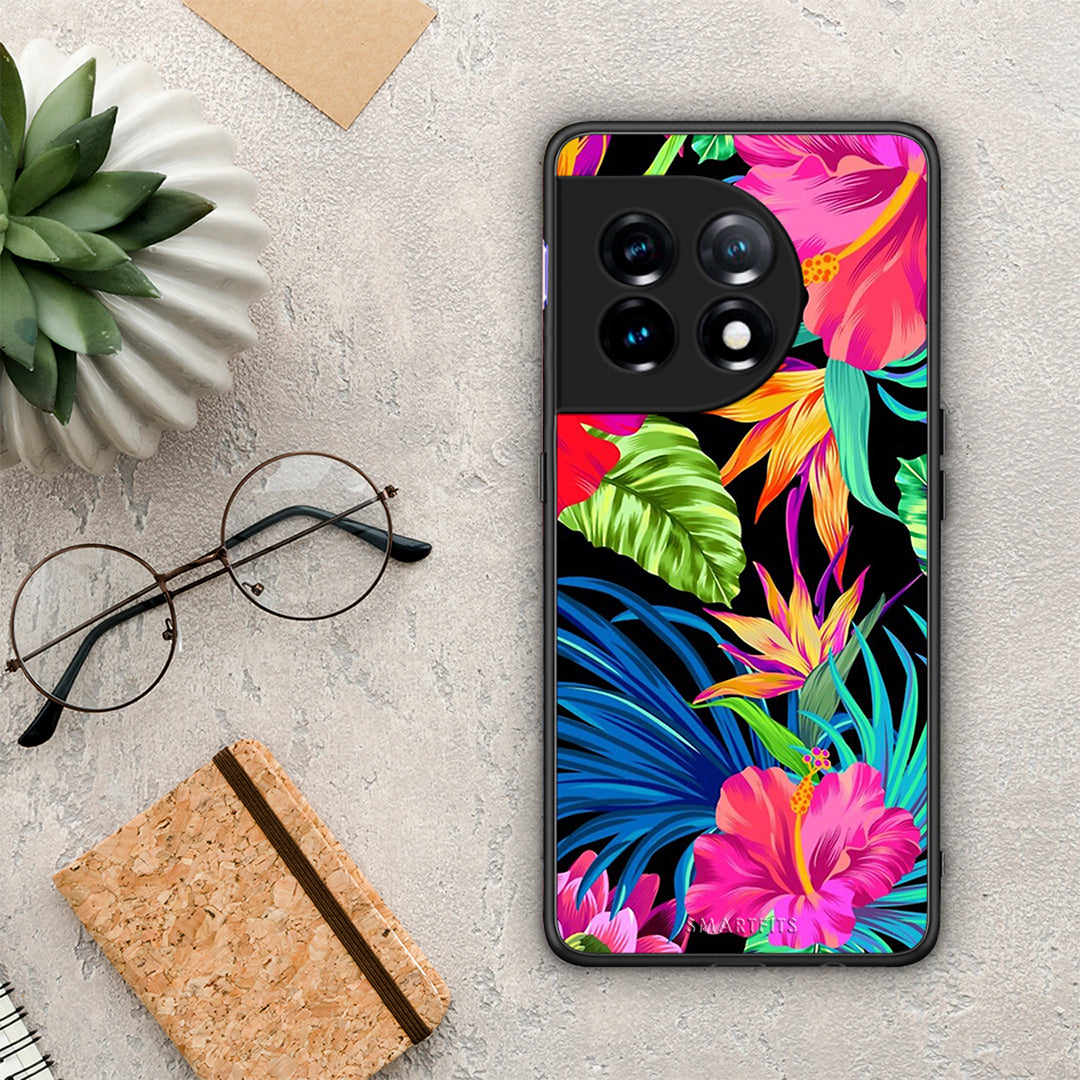 Θήκη OnePlus 11R / ACE 2 5G Tropical Flowers από τη Smartfits με σχέδιο στο πίσω μέρος και μαύρο περίβλημα | OnePlus 11R / ACE 2 5G Tropical Flowers Case with Colorful Back and Black Bezels