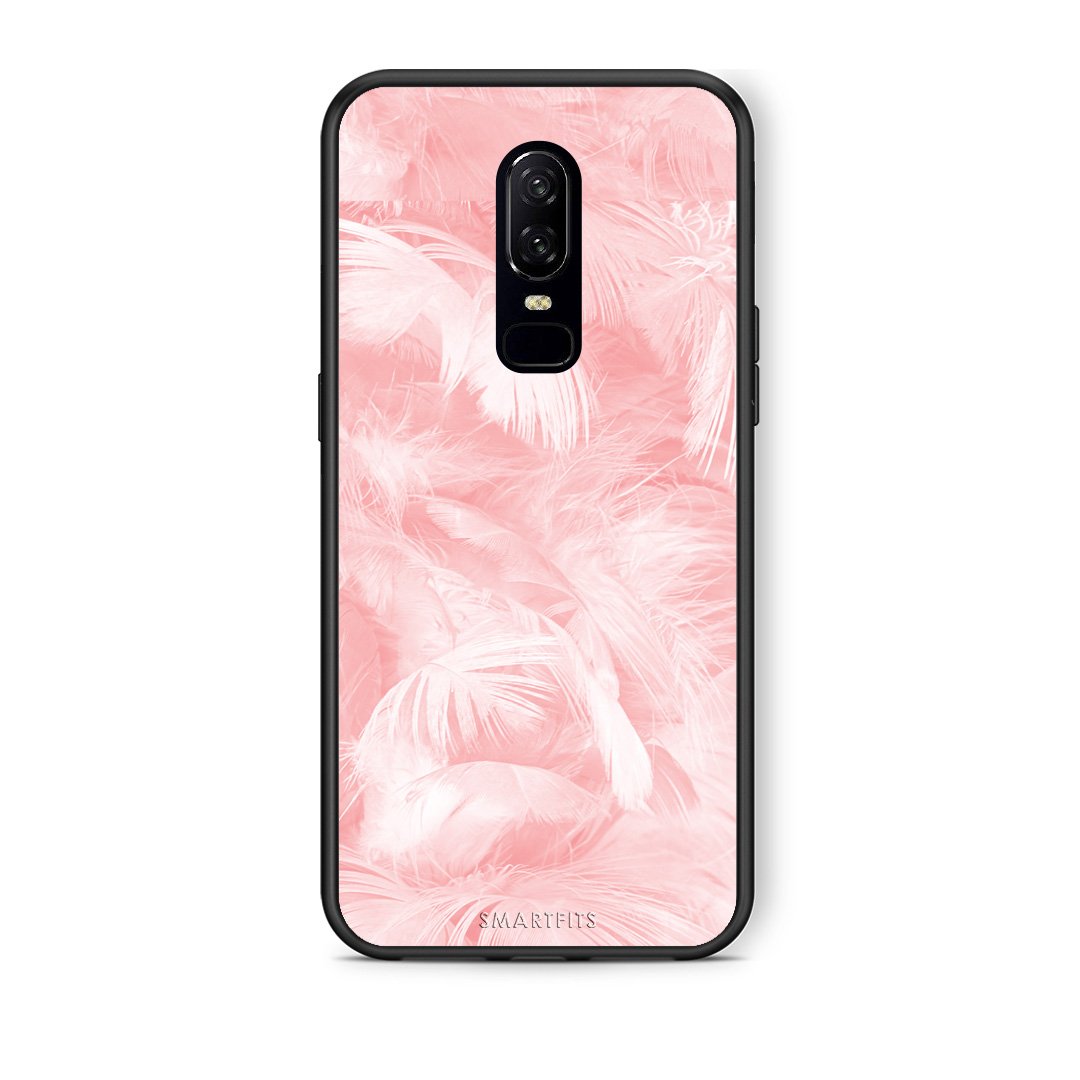 33 - OnePlus 6 Pink Feather Boho case, cover, bumper