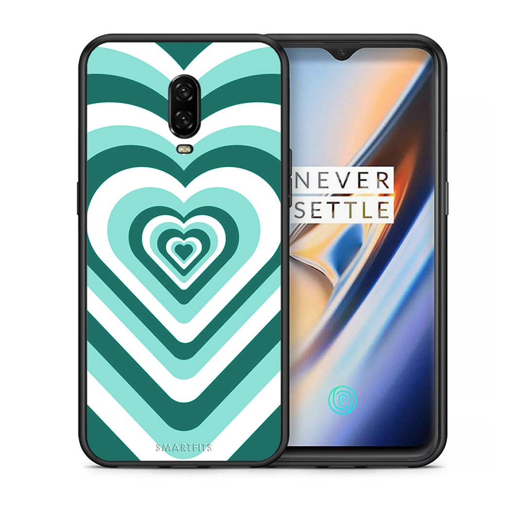 Θήκη OnePlus 6T Green Hearts από τη Smartfits με σχέδιο στο πίσω μέρος και μαύρο περίβλημα | OnePlus 6T Green Hearts case with colorful back and black bezels