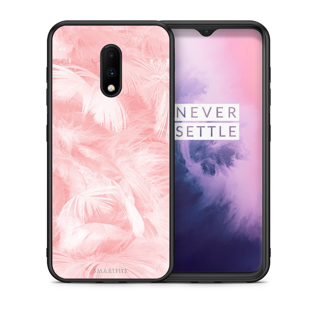 Θήκη OnePlus 7 Pink Feather Boho από τη Smartfits με σχέδιο στο πίσω μέρος και μαύρο περίβλημα | OnePlus 7 Pink Feather Boho case with colorful back and black bezels