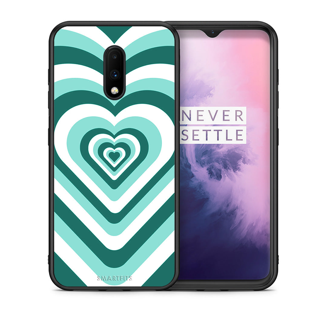 Θήκη OnePlus 7 Green Hearts από τη Smartfits με σχέδιο στο πίσω μέρος και μαύρο περίβλημα | OnePlus 7 Green Hearts case with colorful back and black bezels