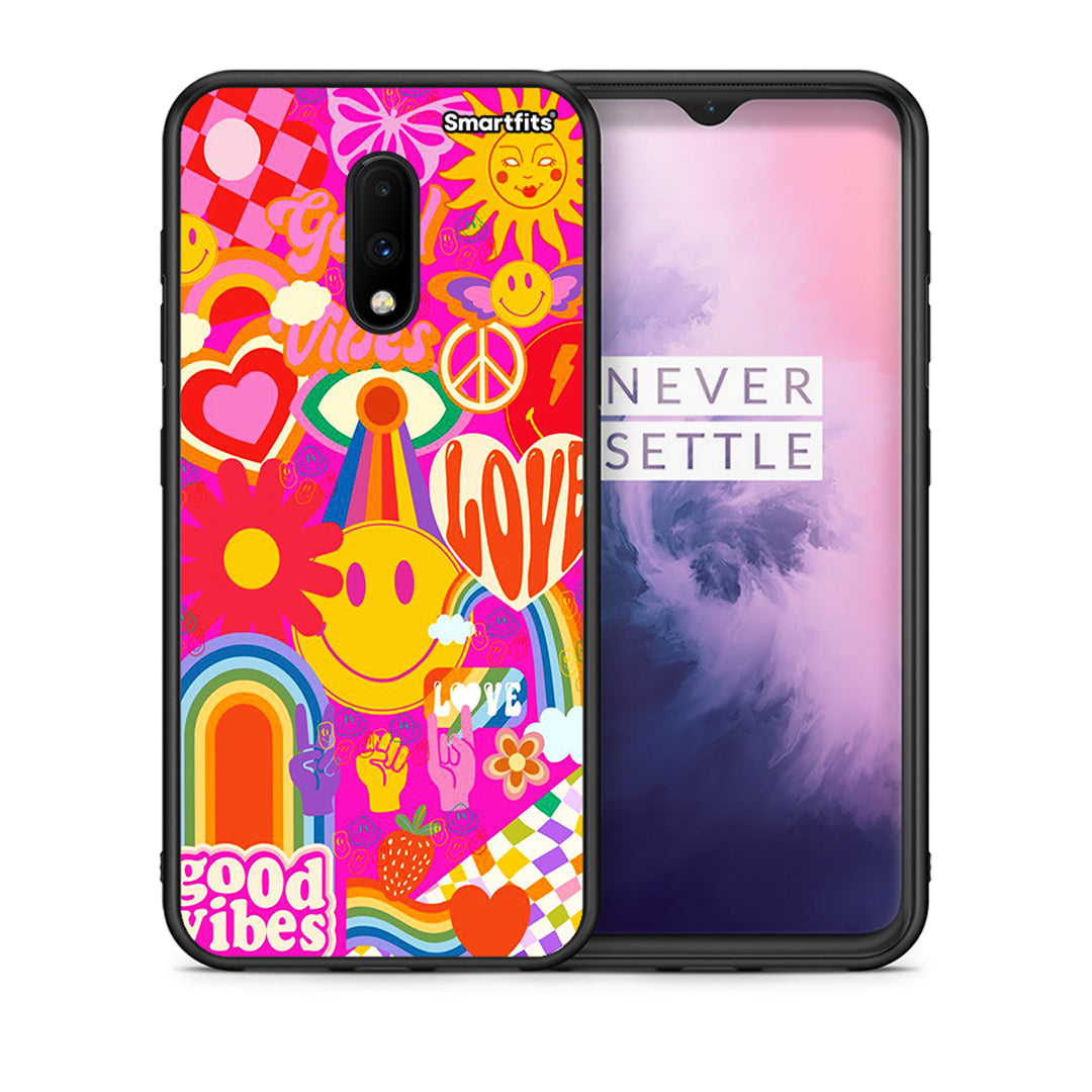 Θήκη OnePlus 7 Hippie Love από τη Smartfits με σχέδιο στο πίσω μέρος και μαύρο περίβλημα | OnePlus 7 Hippie Love case with colorful back and black bezels