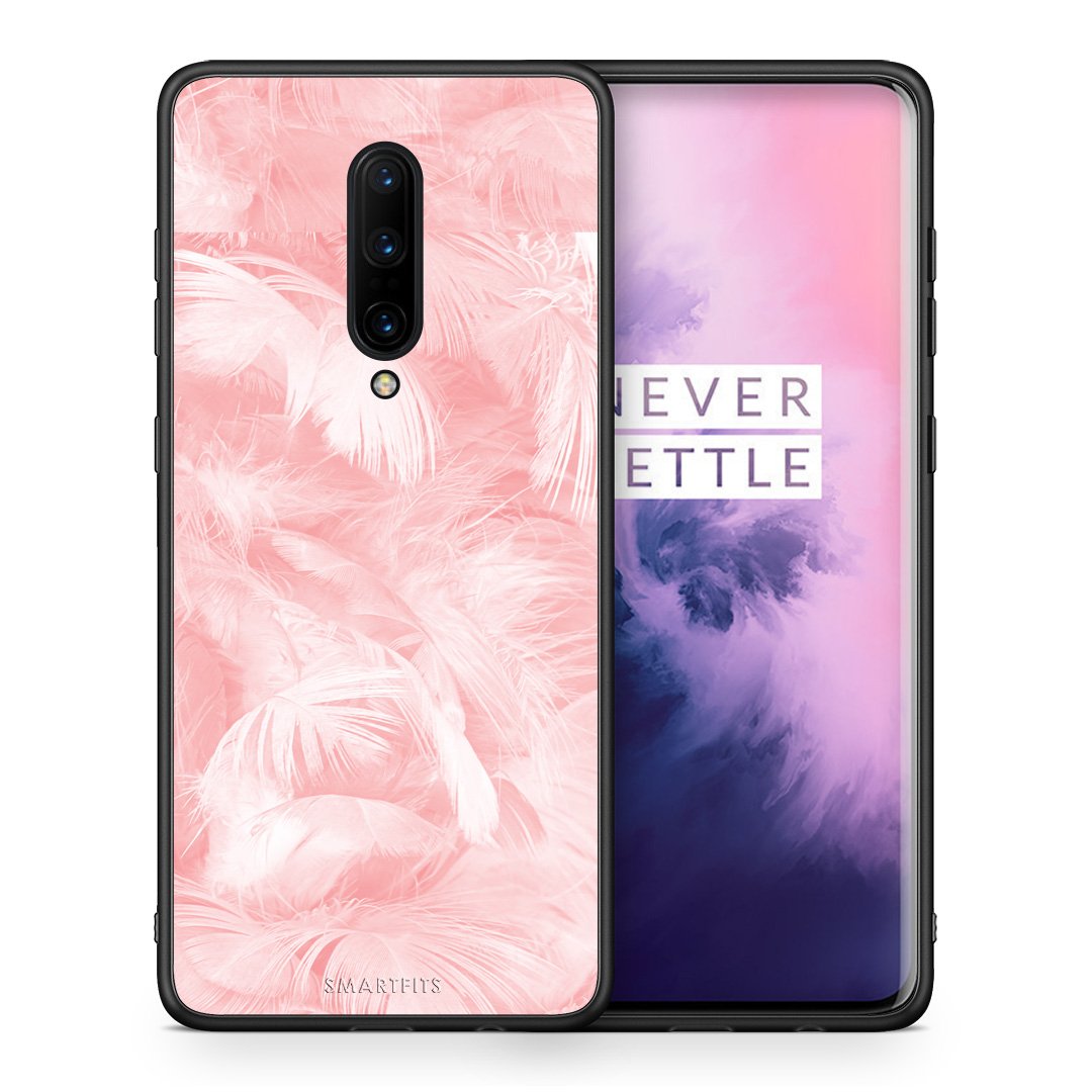 Θήκη OnePlus 7 Pro Pink Feather Boho από τη Smartfits με σχέδιο στο πίσω μέρος και μαύρο περίβλημα | OnePlus 7 Pro Pink Feather Boho case with colorful back and black bezels