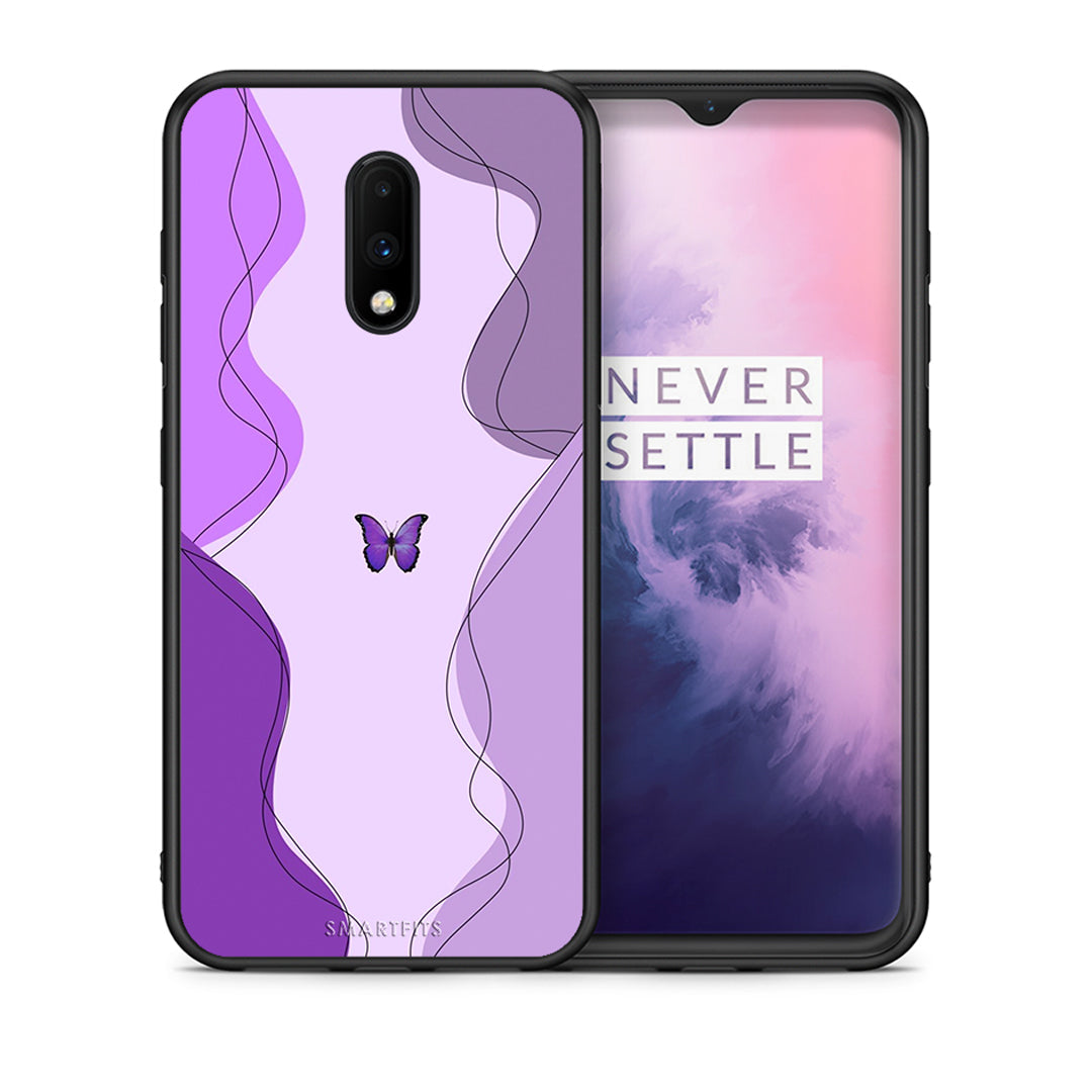 Θήκη Αγίου Βαλεντίνου OnePlus 7 Purple Mariposa από τη Smartfits με σχέδιο στο πίσω μέρος και μαύρο περίβλημα | OnePlus 7 Purple Mariposa case with colorful back and black bezels