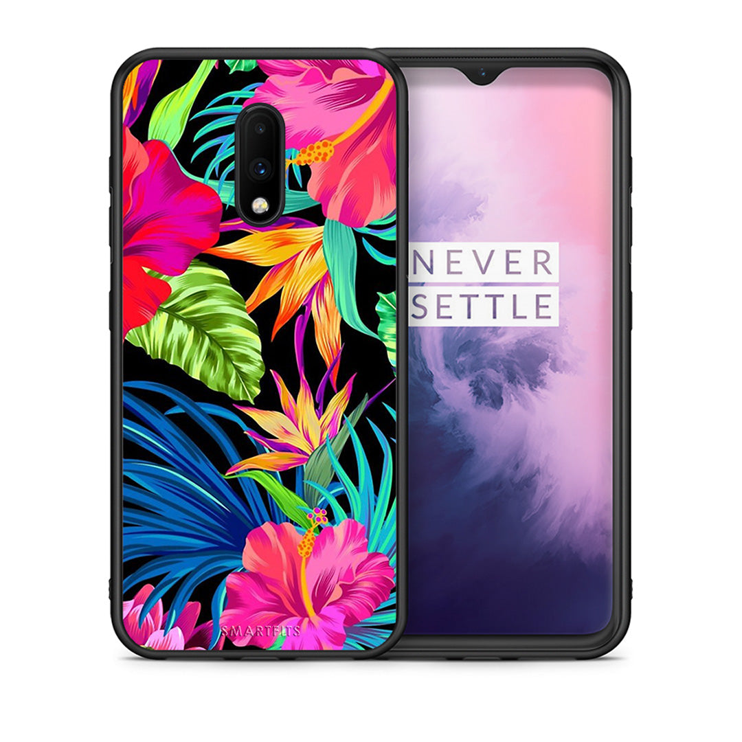 Θήκη OnePlus 7 Tropical Flowers από τη Smartfits με σχέδιο στο πίσω μέρος και μαύρο περίβλημα | OnePlus 7 Tropical Flowers case with colorful back and black bezels