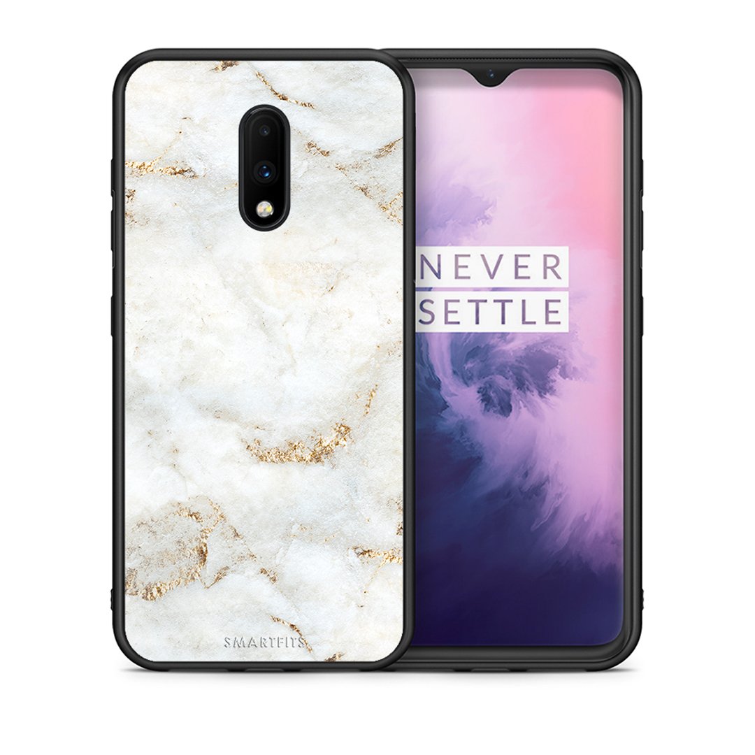 Θήκη OnePlus 7 White Gold Marble από τη Smartfits με σχέδιο στο πίσω μέρος και μαύρο περίβλημα | OnePlus 7 White Gold Marble case with colorful back and black bezels