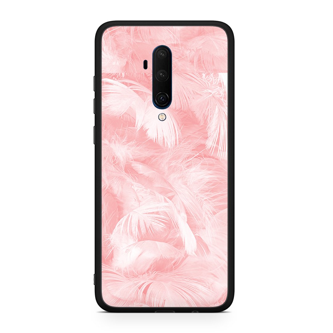 OnePlus 7T Pro Pink Feather Boho θήκη από τη Smartfits με σχέδιο στο πίσω μέρος και μαύρο περίβλημα | Smartphone case with colorful back and black bezels by Smartfits