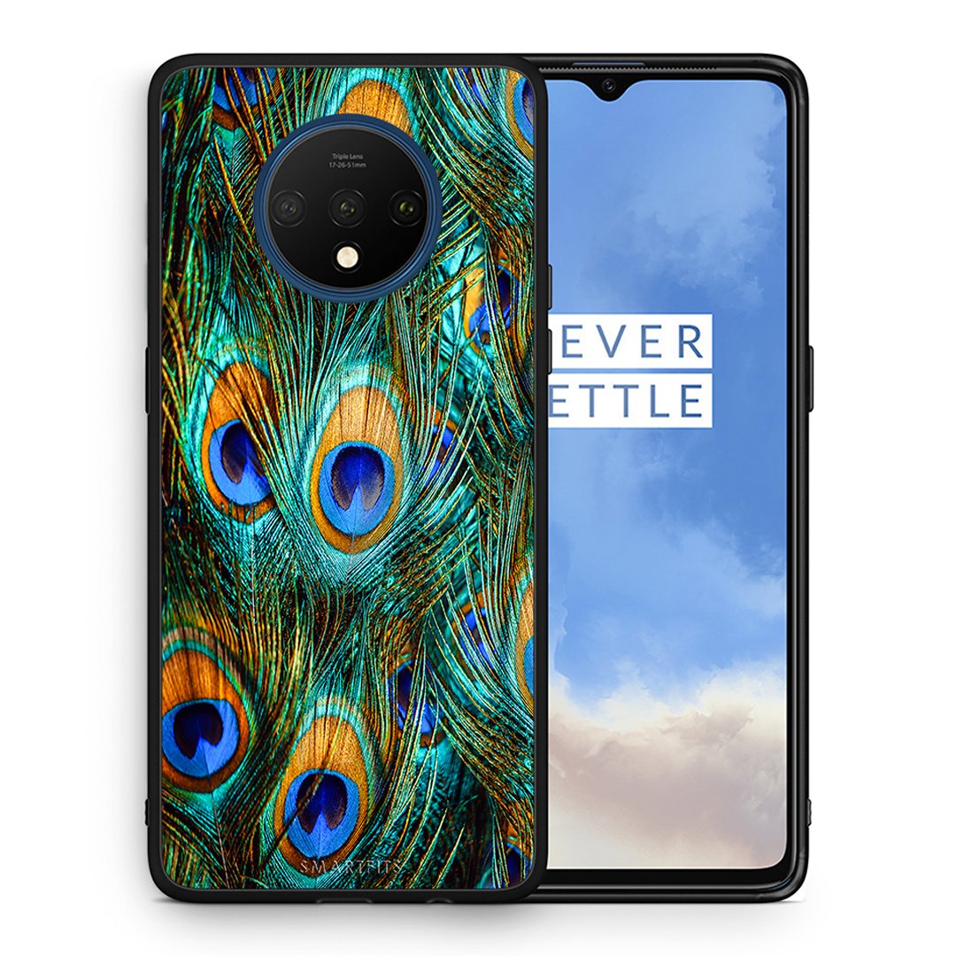 Θήκη OnePlus 7T Real Peacock Feathers από τη Smartfits με σχέδιο στο πίσω μέρος και μαύρο περίβλημα | OnePlus 7T Real Peacock Feathers case with colorful back and black bezels