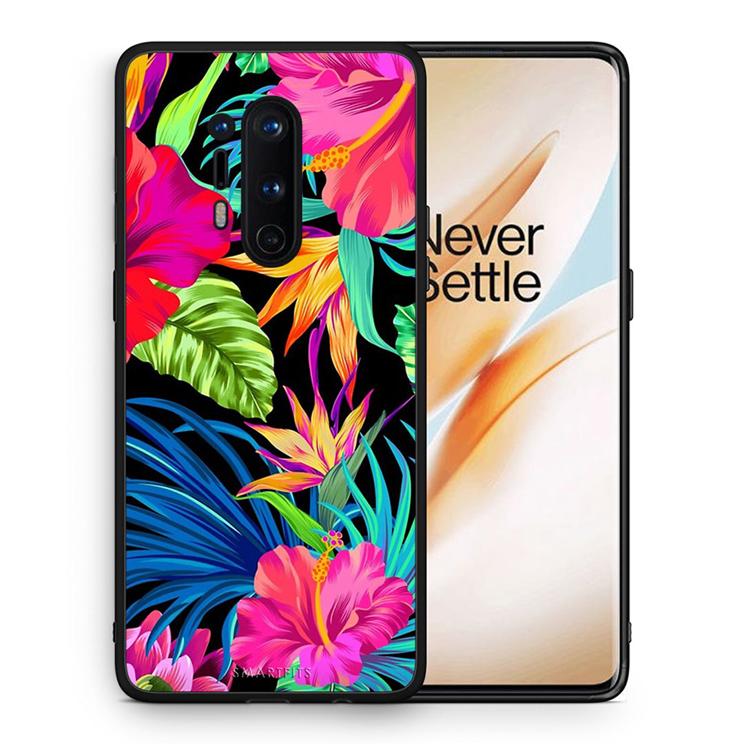 Θήκη OnePlus 8 Pro Tropical Flowers από τη Smartfits με σχέδιο στο πίσω μέρος και μαύρο περίβλημα | OnePlus 8 Pro Tropical Flowers case with colorful back and black bezels