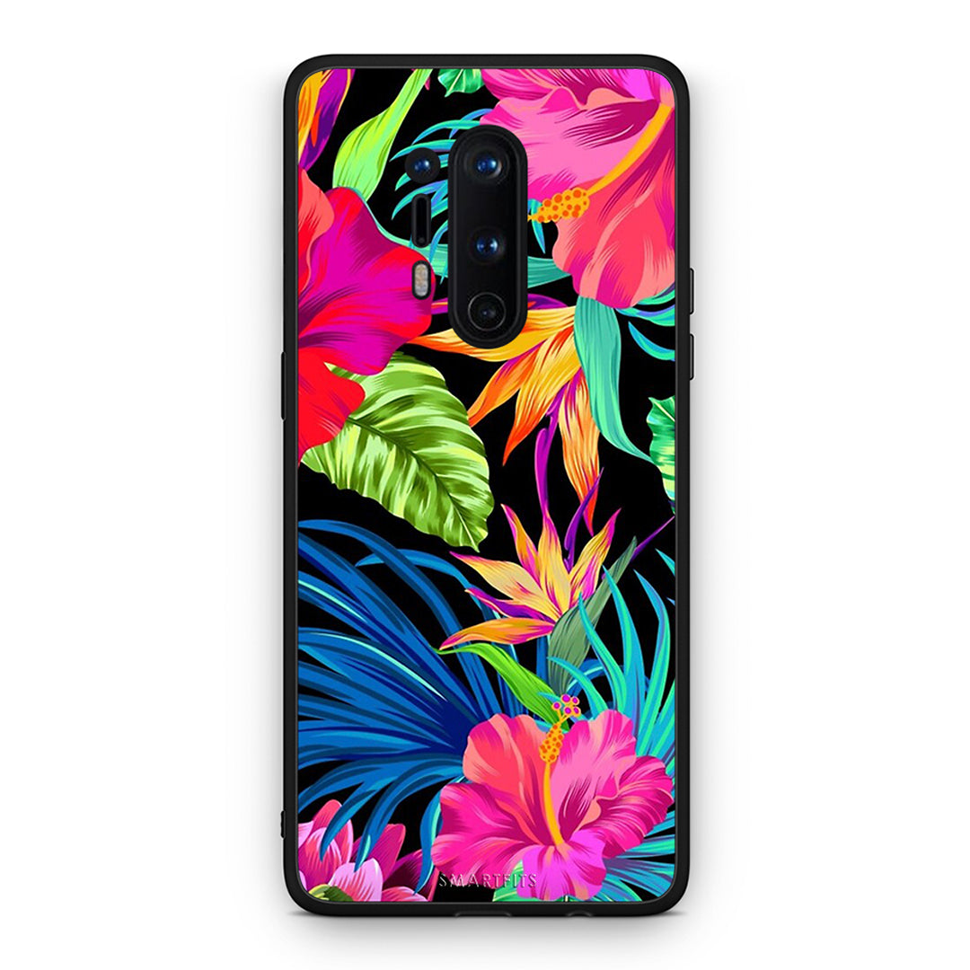 OnePlus 8 Pro Tropical Flowers θήκη από τη Smartfits με σχέδιο στο πίσω μέρος και μαύρο περίβλημα | Smartphone case with colorful back and black bezels by Smartfits