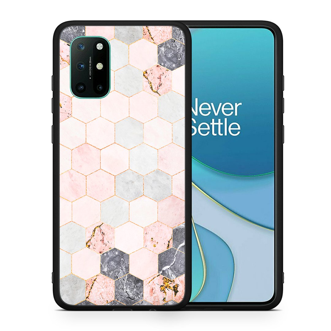 Θήκη OnePlus 8T Hexagon Pink Marble από τη Smartfits με σχέδιο στο πίσω μέρος και μαύρο περίβλημα | OnePlus 8T Hexagon Pink Marble case with colorful back and black bezels