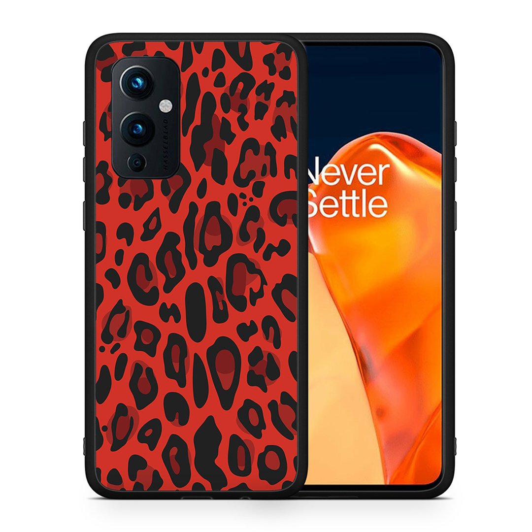 Θήκη OnePlus 9 Red Leopard Animal από τη Smartfits με σχέδιο στο πίσω μέρος και μαύρο περίβλημα | OnePlus 9 Red Leopard Animal case with colorful back and black bezels