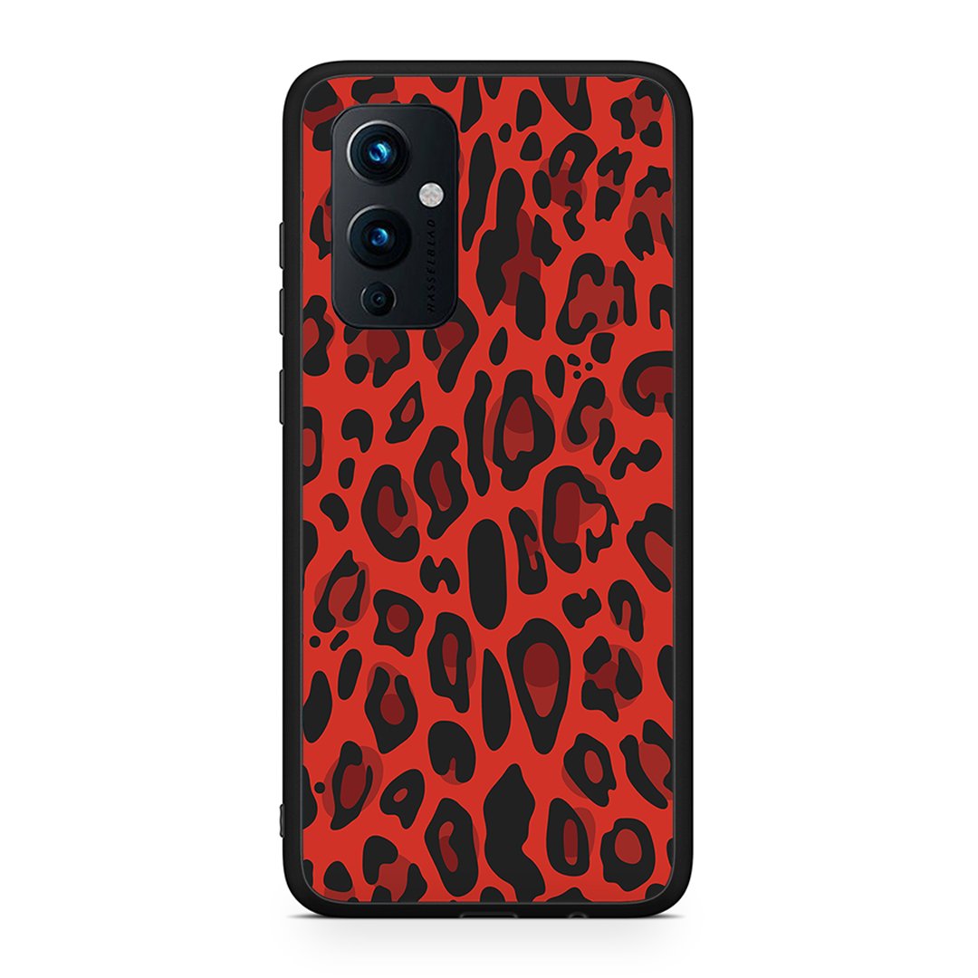 OnePlus 9 Red Leopard Animal θήκη από τη Smartfits με σχέδιο στο πίσω μέρος και μαύρο περίβλημα | Smartphone case with colorful back and black bezels by Smartfits