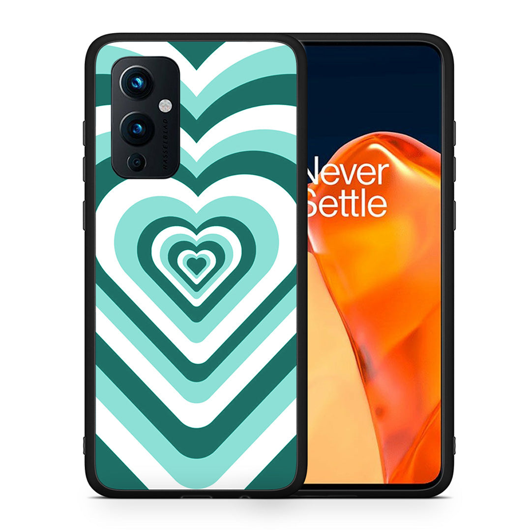 Θήκη OnePlus 9 Green Hearts από τη Smartfits με σχέδιο στο πίσω μέρος και μαύρο περίβλημα | OnePlus 9 Green Hearts case with colorful back and black bezels