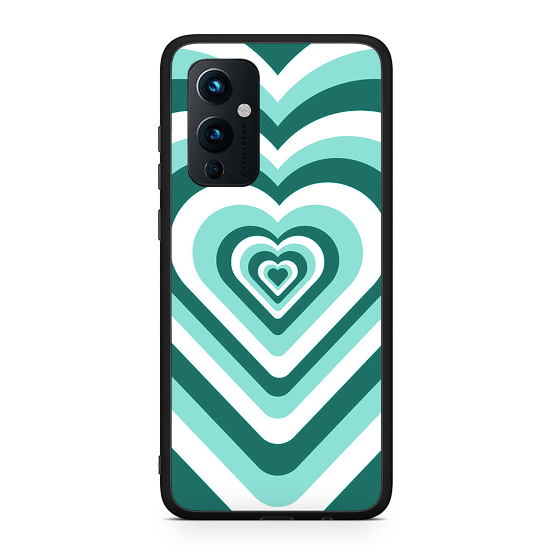 OnePlus 9 Green Hearts θήκη από τη Smartfits με σχέδιο στο πίσω μέρος και μαύρο περίβλημα | Smartphone case with colorful back and black bezels by Smartfits