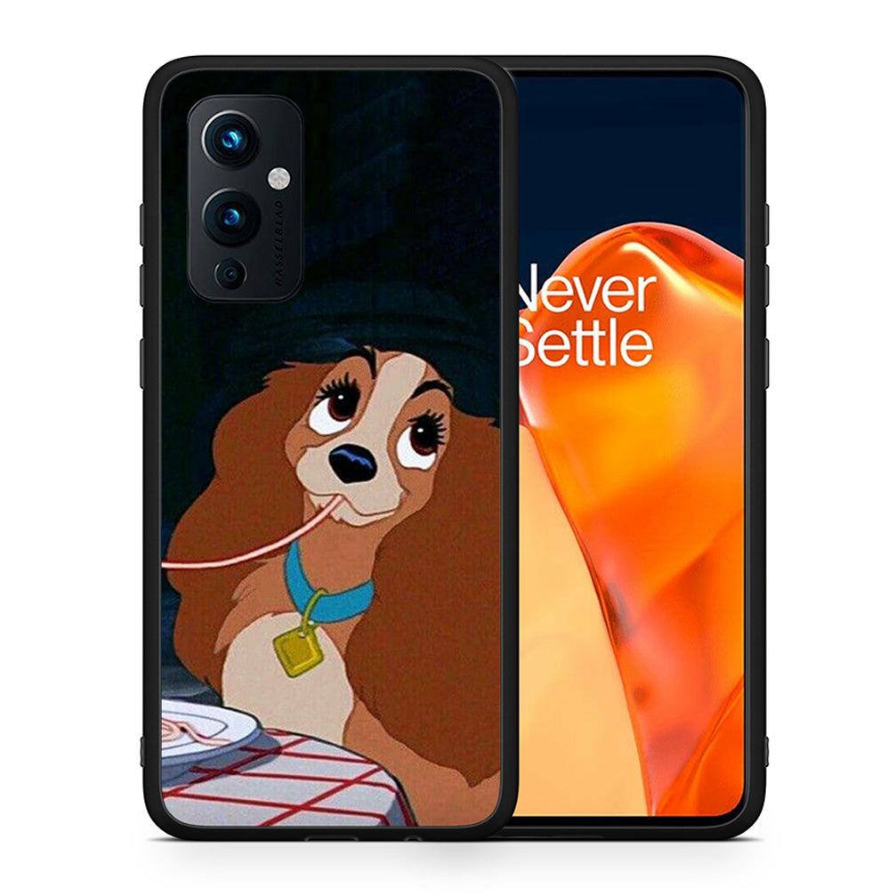 Θήκη Αγίου Βαλεντίνου OnePlus 9 Lady And Tramp 2 από τη Smartfits με σχέδιο στο πίσω μέρος και μαύρο περίβλημα | OnePlus 9 Lady And Tramp 2 case with colorful back and black bezels