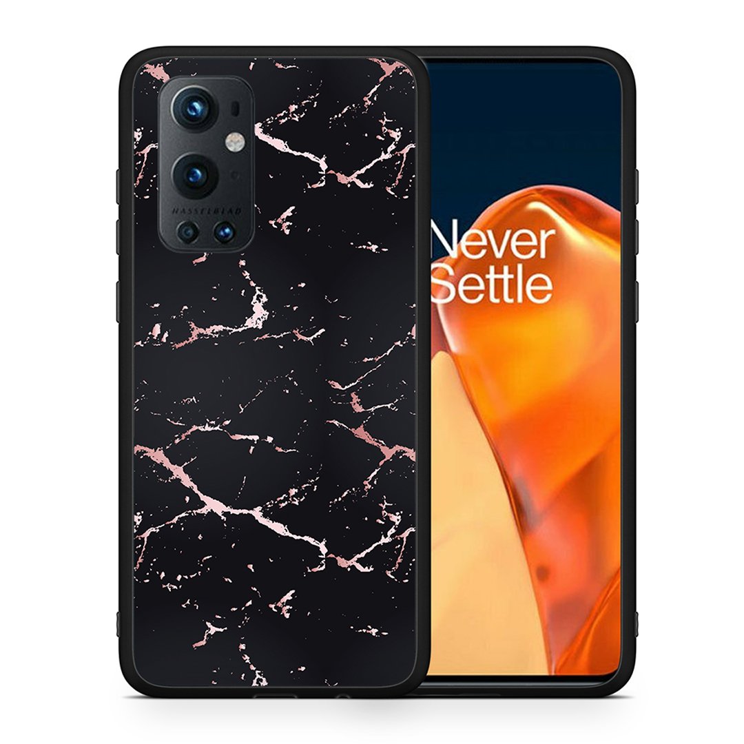 Θήκη OnePlus 9 Pro Black Rosegold Marble από τη Smartfits με σχέδιο στο πίσω μέρος και μαύρο περίβλημα | OnePlus 9 Pro Black Rosegold Marble case with colorful back and black bezels