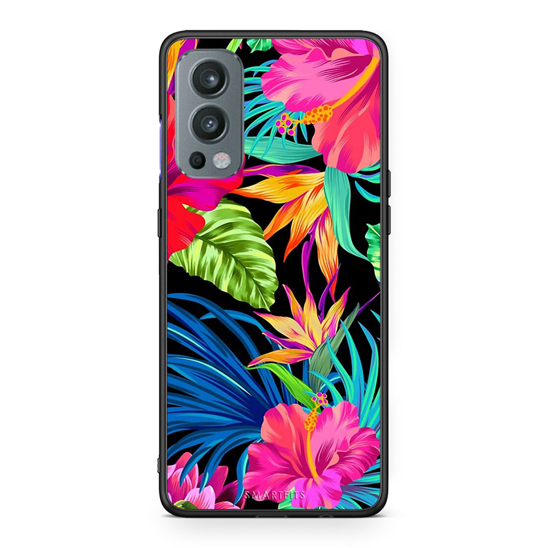 OnePlus Nord 2 5G Tropical Flowers θήκη από τη Smartfits με σχέδιο στο πίσω μέρος και μαύρο περίβλημα | Smartphone case with colorful back and black bezels by Smartfits