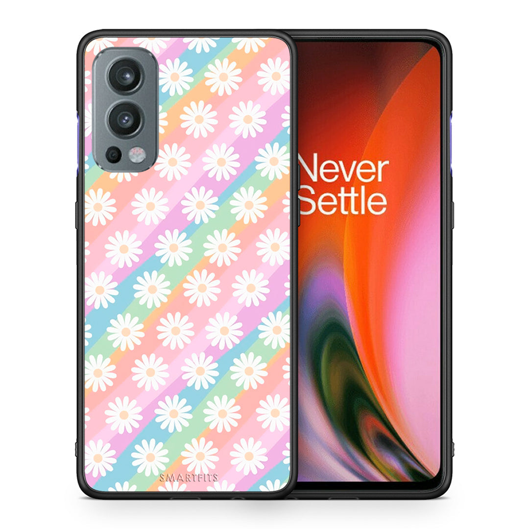 Θήκη OnePlus Nord 2 5G White Daisies από τη Smartfits με σχέδιο στο πίσω μέρος και μαύρο περίβλημα | OnePlus Nord 2 5G White Daisies case with colorful back and black bezels