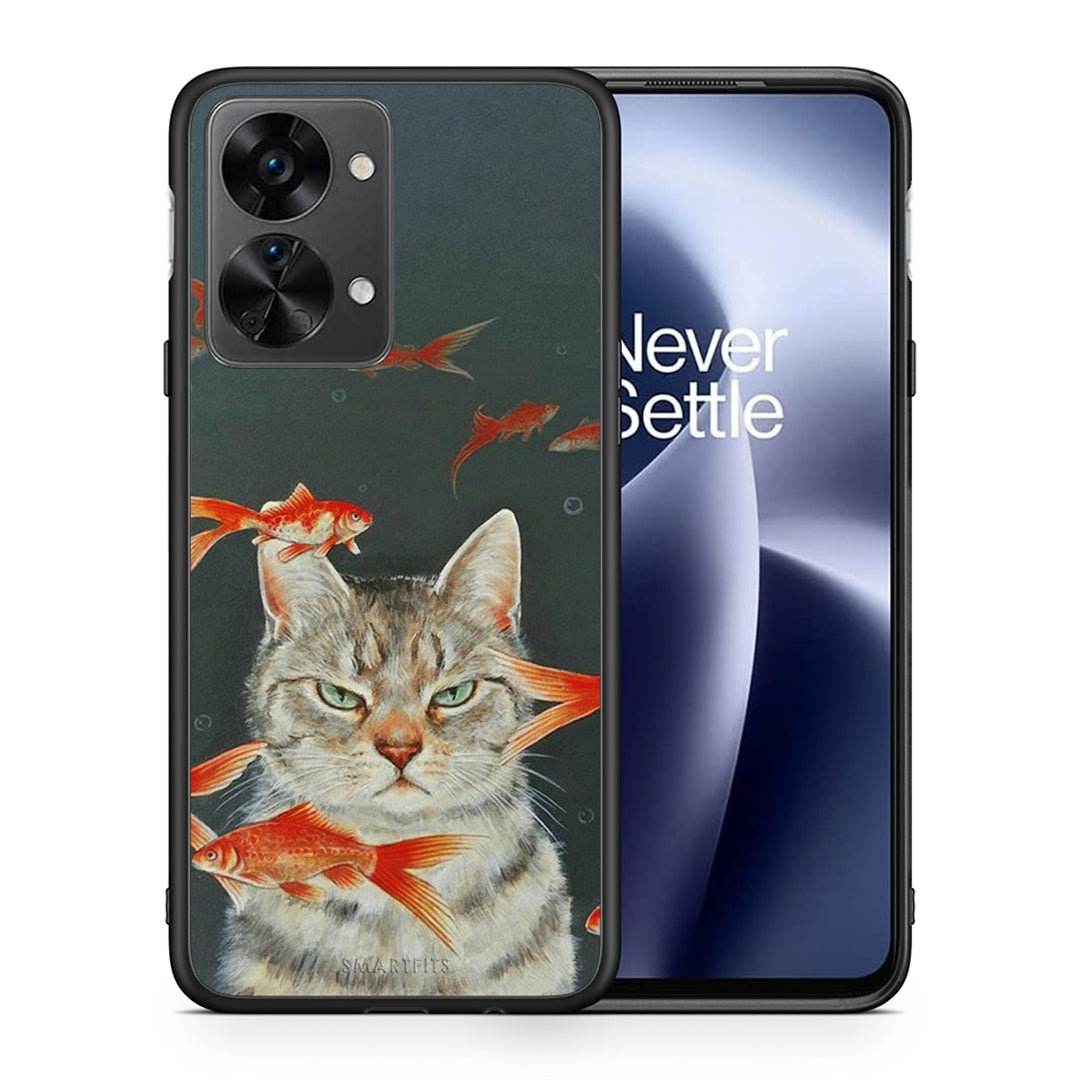 Θήκη OnePlus Nord 2T Cat Goldfish από τη Smartfits με σχέδιο στο πίσω μέρος και μαύρο περίβλημα | OnePlus Nord 2T Cat Goldfish case with colorful back and black bezels