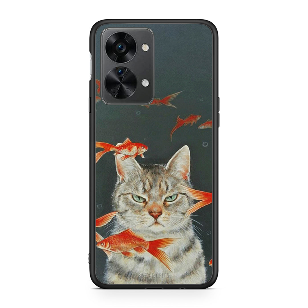 OnePlus Nord 2T Cat Goldfish θήκη από τη Smartfits με σχέδιο στο πίσω μέρος και μαύρο περίβλημα | Smartphone case with colorful back and black bezels by Smartfits
