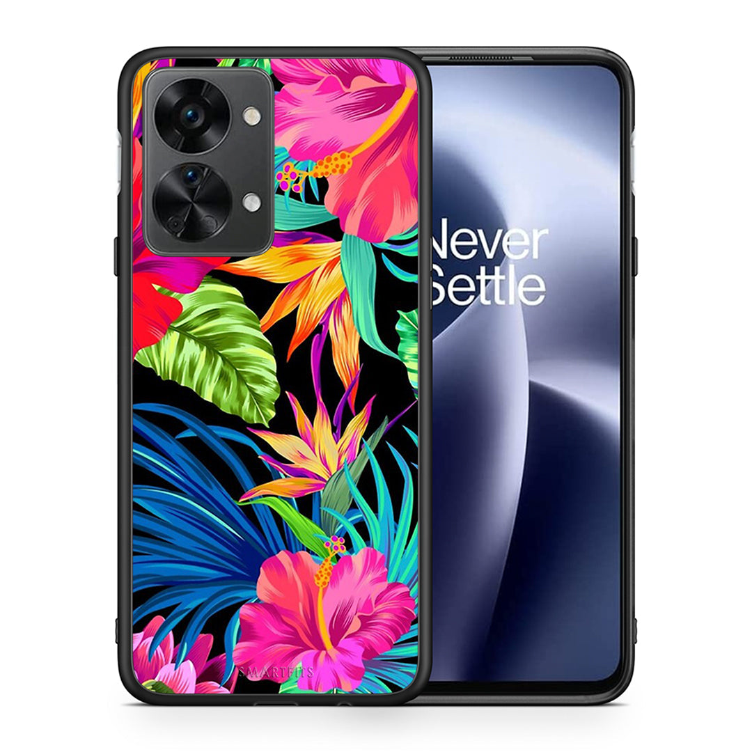 Θήκη OnePlus Nord 2T Tropical Flowers από τη Smartfits με σχέδιο στο πίσω μέρος και μαύρο περίβλημα | OnePlus Nord 2T Tropical Flowers case with colorful back and black bezels