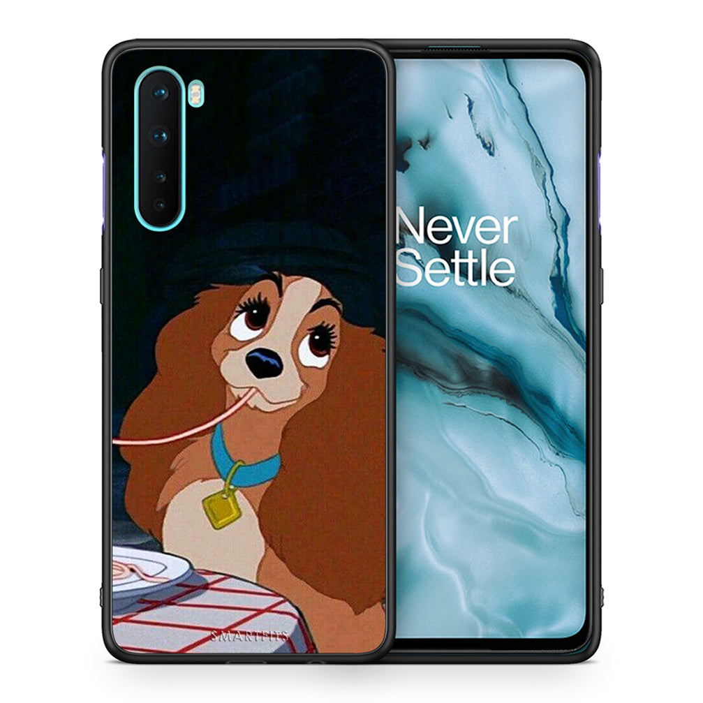 Θήκη Αγίου Βαλεντίνου OnePlus Nord 5G Lady And Tramp 2 από τη Smartfits με σχέδιο στο πίσω μέρος και μαύρο περίβλημα | OnePlus Nord 5G Lady And Tramp 2 case with colorful back and black bezels