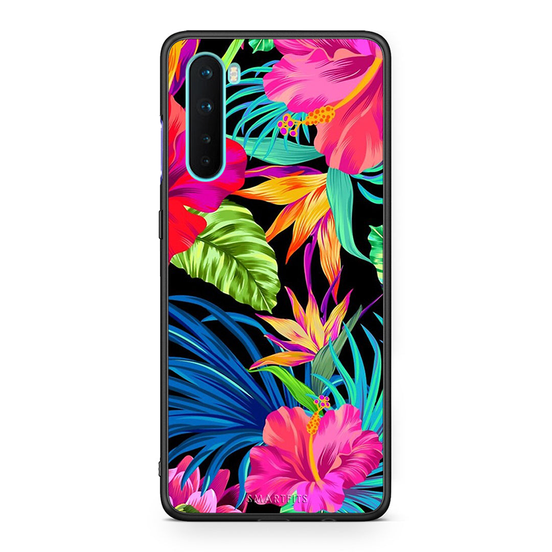 OnePlus Nord 5G Tropical Flowers θήκη από τη Smartfits με σχέδιο στο πίσω μέρος και μαύρο περίβλημα | Smartphone case with colorful back and black bezels by Smartfits