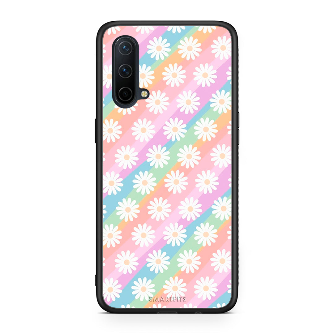 OnePlus Nord CE 5G White Daisies θήκη από τη Smartfits με σχέδιο στο πίσω μέρος και μαύρο περίβλημα | Smartphone case with colorful back and black bezels by Smartfits