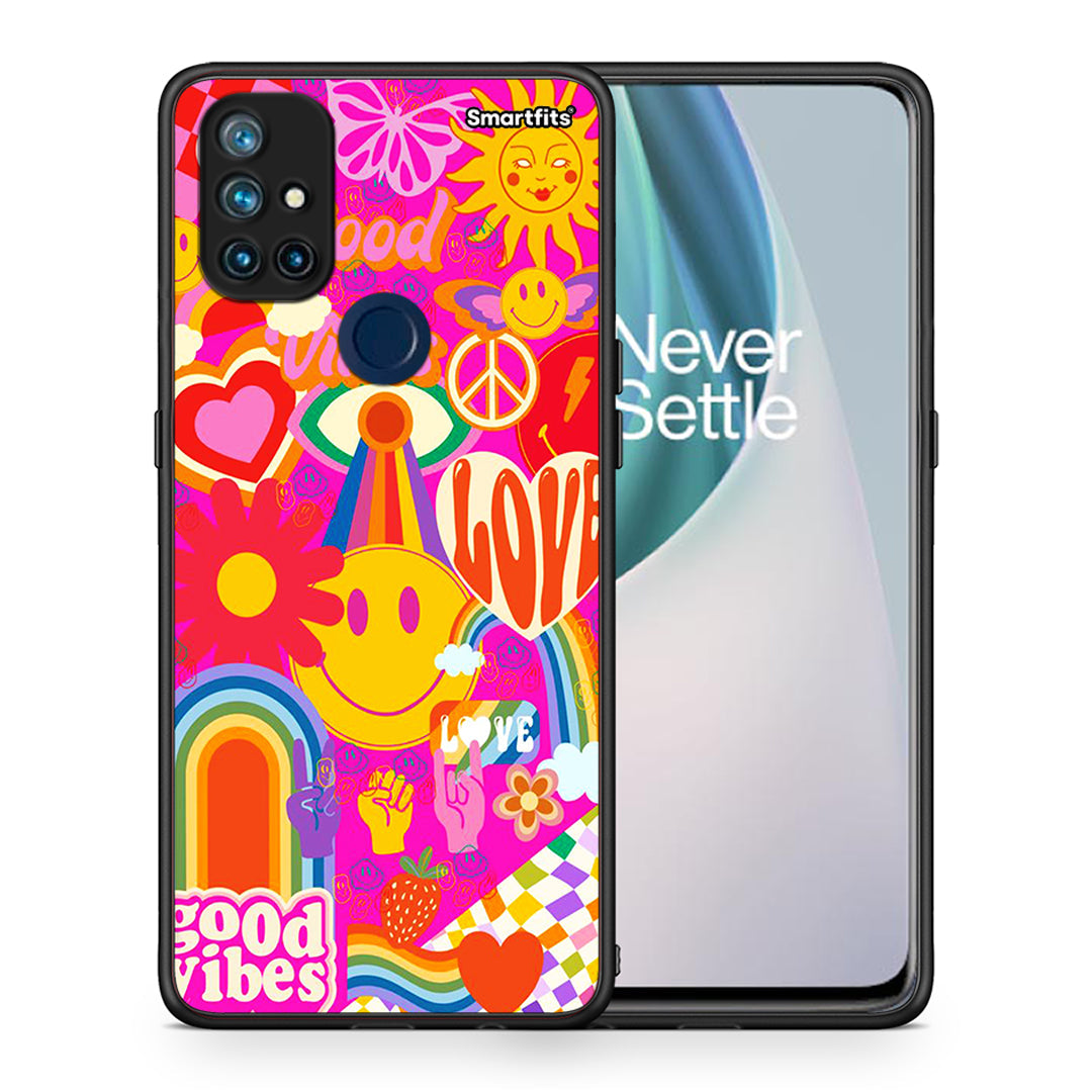 Θήκη OnePlus Nord N10 5G Hippie Love από τη Smartfits με σχέδιο στο πίσω μέρος και μαύρο περίβλημα | OnePlus Nord N10 5G Hippie Love case with colorful back and black bezels