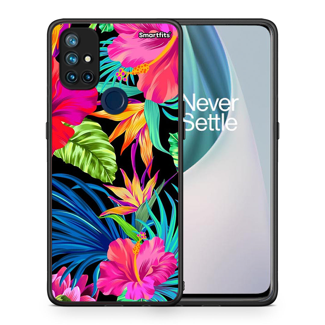 Θήκη OnePlus Nord N10 5G Tropical Flowers από τη Smartfits με σχέδιο στο πίσω μέρος και μαύρο περίβλημα | OnePlus Nord N10 5G Tropical Flowers case with colorful back and black bezels