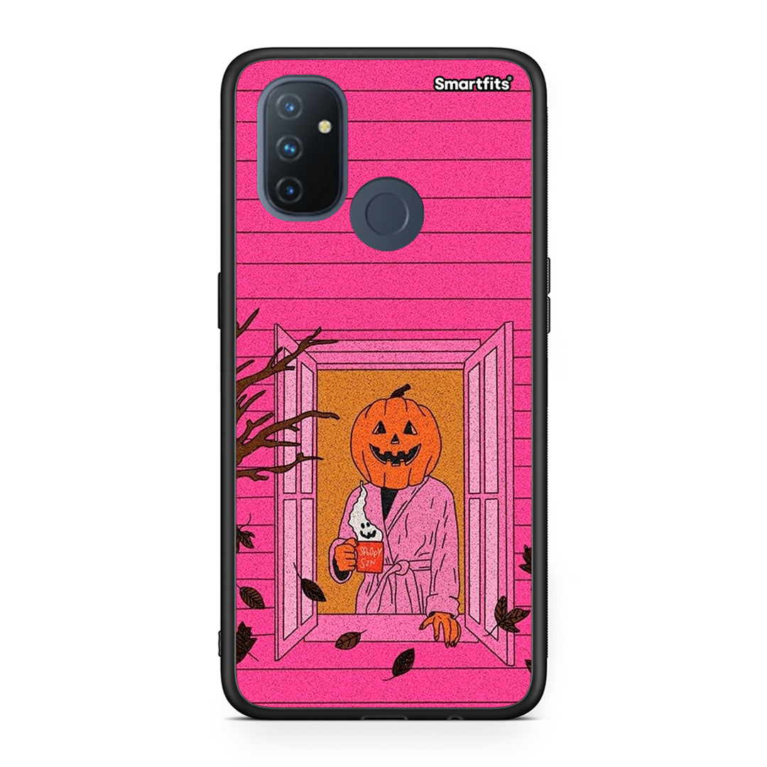 OnePlus Nord N100 Halloween Pumpkin Lady Θήκη από τη Smartfits με σχέδιο στο πίσω μέρος και μαύρο περίβλημα | Smartphone case with colorful back and black bezels by Smartfits