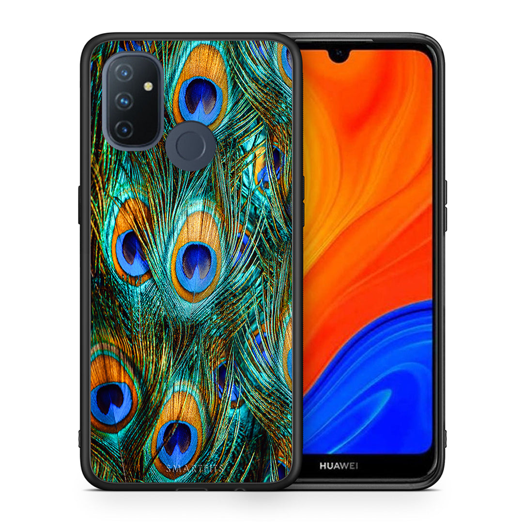 Θήκη OnePlus Nord N100 Real Peacock Feathers από τη Smartfits με σχέδιο στο πίσω μέρος και μαύρο περίβλημα | OnePlus Nord N100 Real Peacock Feathers case with colorful back and black bezels