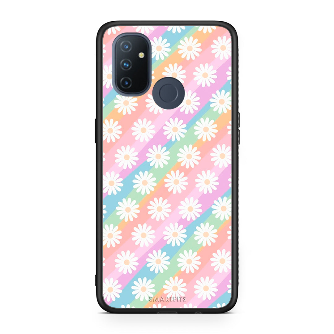 OnePlus Nord N100 White Daisies θήκη από τη Smartfits με σχέδιο στο πίσω μέρος και μαύρο περίβλημα | Smartphone case with colorful back and black bezels by Smartfits