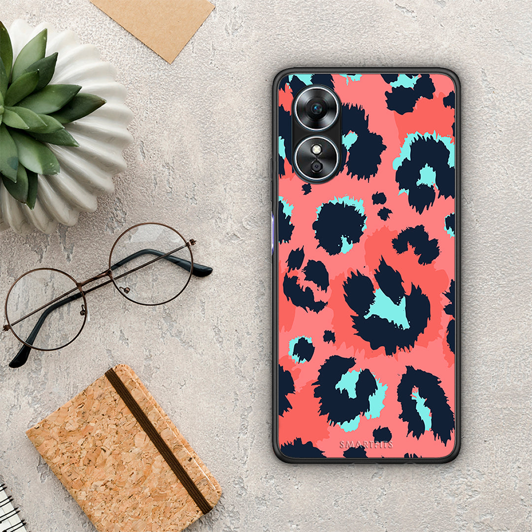 Θήκη Oppo A17 Animal Pink Leopard από τη Smartfits με σχέδιο στο πίσω μέρος και μαύρο περίβλημα | Oppo A17 Animal Pink Leopard Case with Colorful Back and Black Bezels