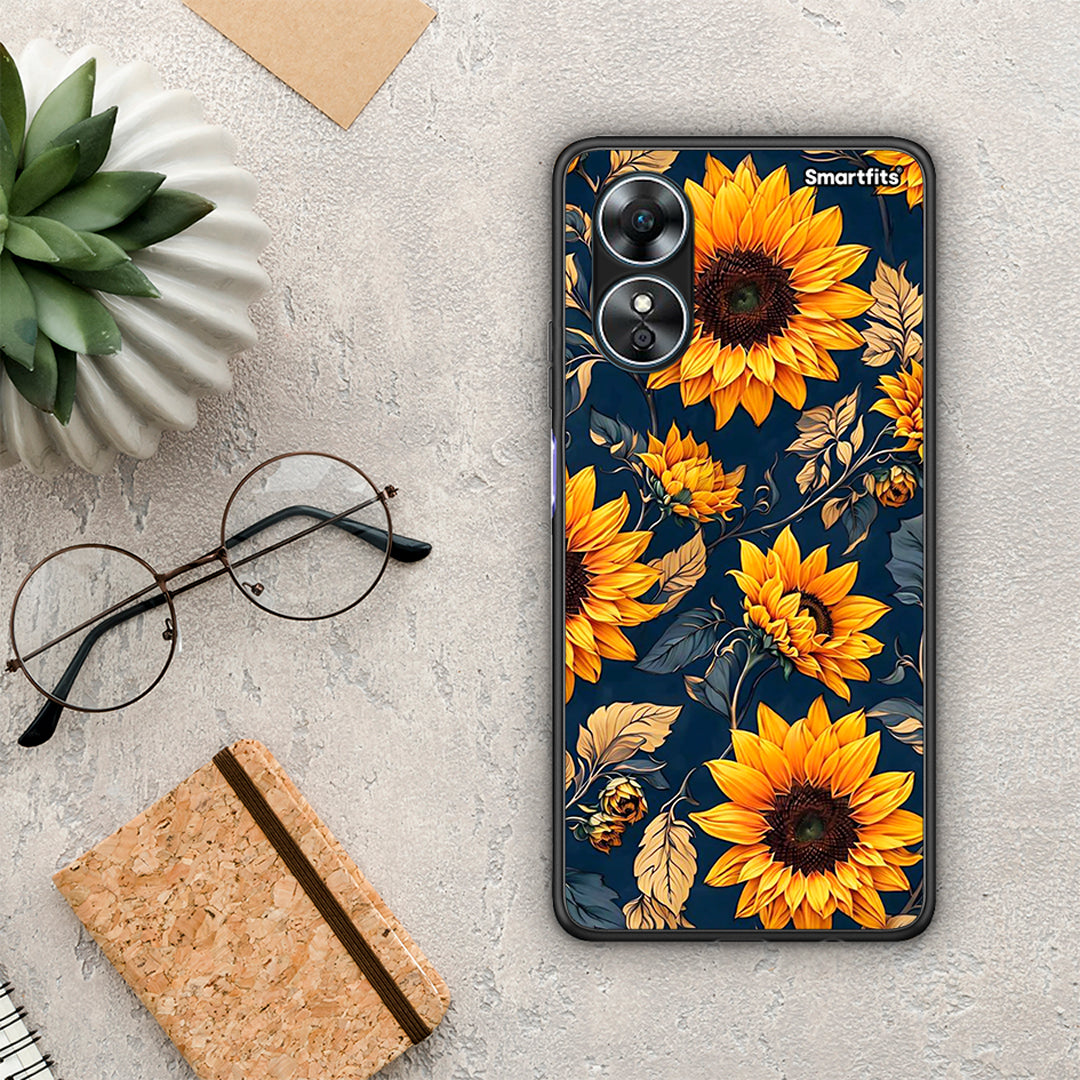 Θήκη Oppo A17 Autumn Sunflowers από τη Smartfits με σχέδιο στο πίσω μέρος και μαύρο περίβλημα | Oppo A17 Autumn Sunflowers Case with Colorful Back and Black Bezels