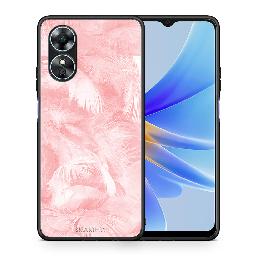 Θήκη Oppo A17 Boho Pink Feather από τη Smartfits με σχέδιο στο πίσω μέρος και μαύρο περίβλημα | Oppo A17 Boho Pink Feather Case with Colorful Back and Black Bezels