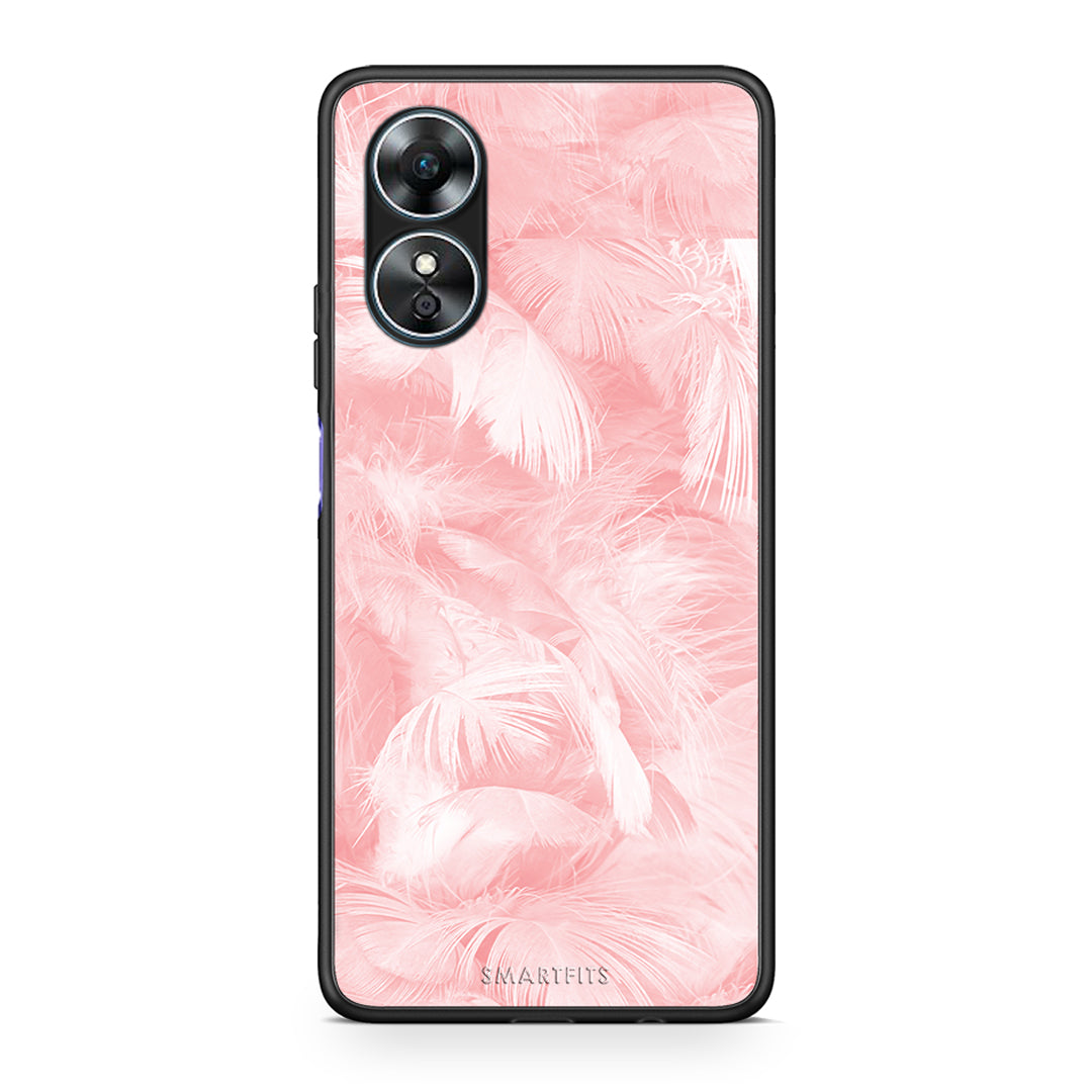 Θήκη Oppo A17 Boho Pink Feather από τη Smartfits με σχέδιο στο πίσω μέρος και μαύρο περίβλημα | Oppo A17 Boho Pink Feather Case with Colorful Back and Black Bezels